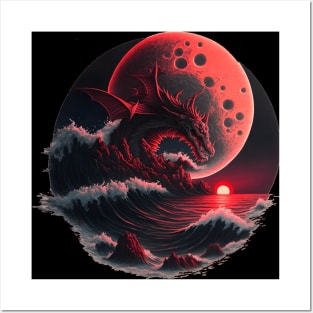 Red Dragon Flying over a Red Moon Posters and Art